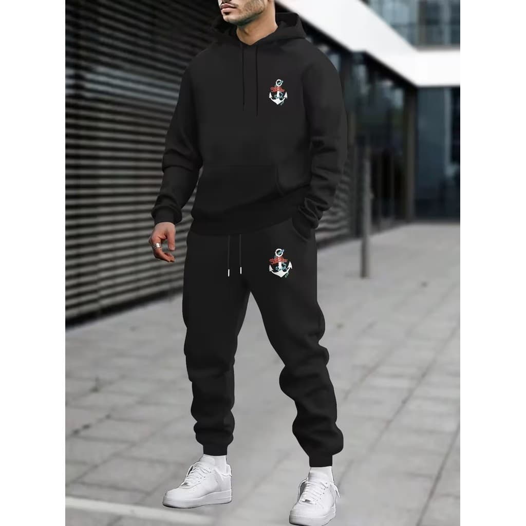 Conjunto Moletom Canguru Masculino Âncora Blusa De Frio + Calça Moletom Estampados Unissex Outono/Inverno