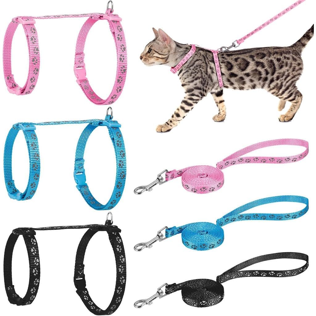 Auidy_6TXD Conjunto de 3 Peças de Coleira e Guia para Gato, Coleira Refletiva à Prova de Fuga para Passeios, Coleira Aju