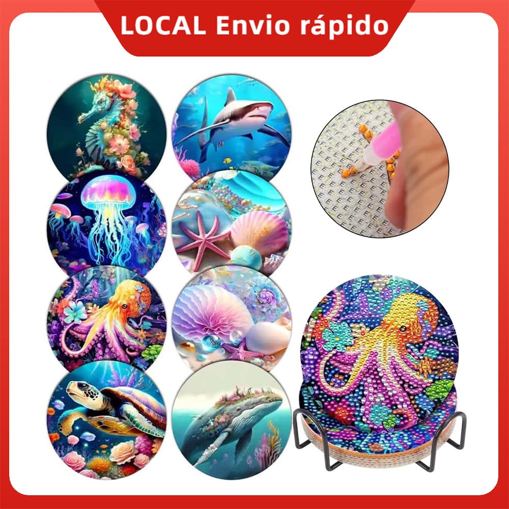 Kit Porta-copos Pintura Diamante 8 Peças Animais Marinhos 5D DIY Adultos Crianças Iniciantes Materiais Arte