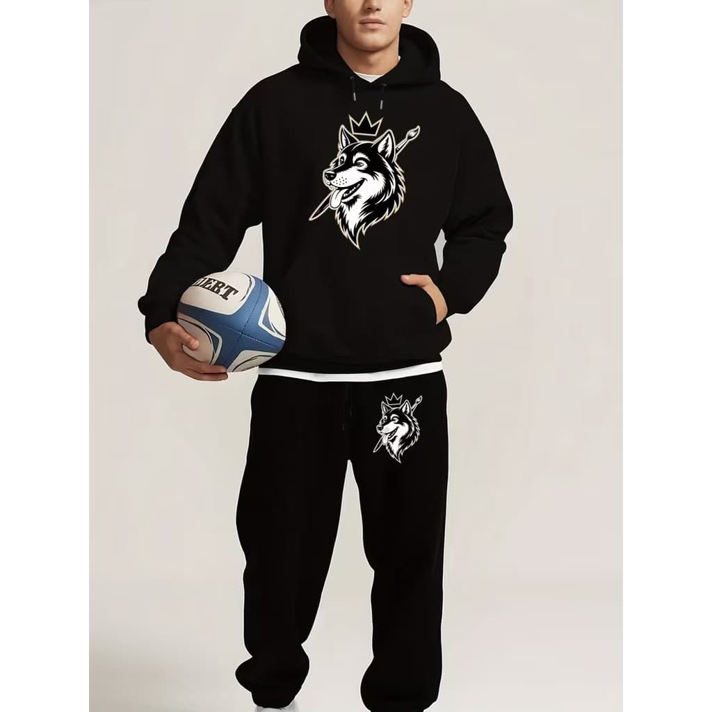 Conjunto Moletom Canguru Masculino Lobo Rei Blusa De Frio + Calça Moletom Estampados Unissex Outono/Inverno