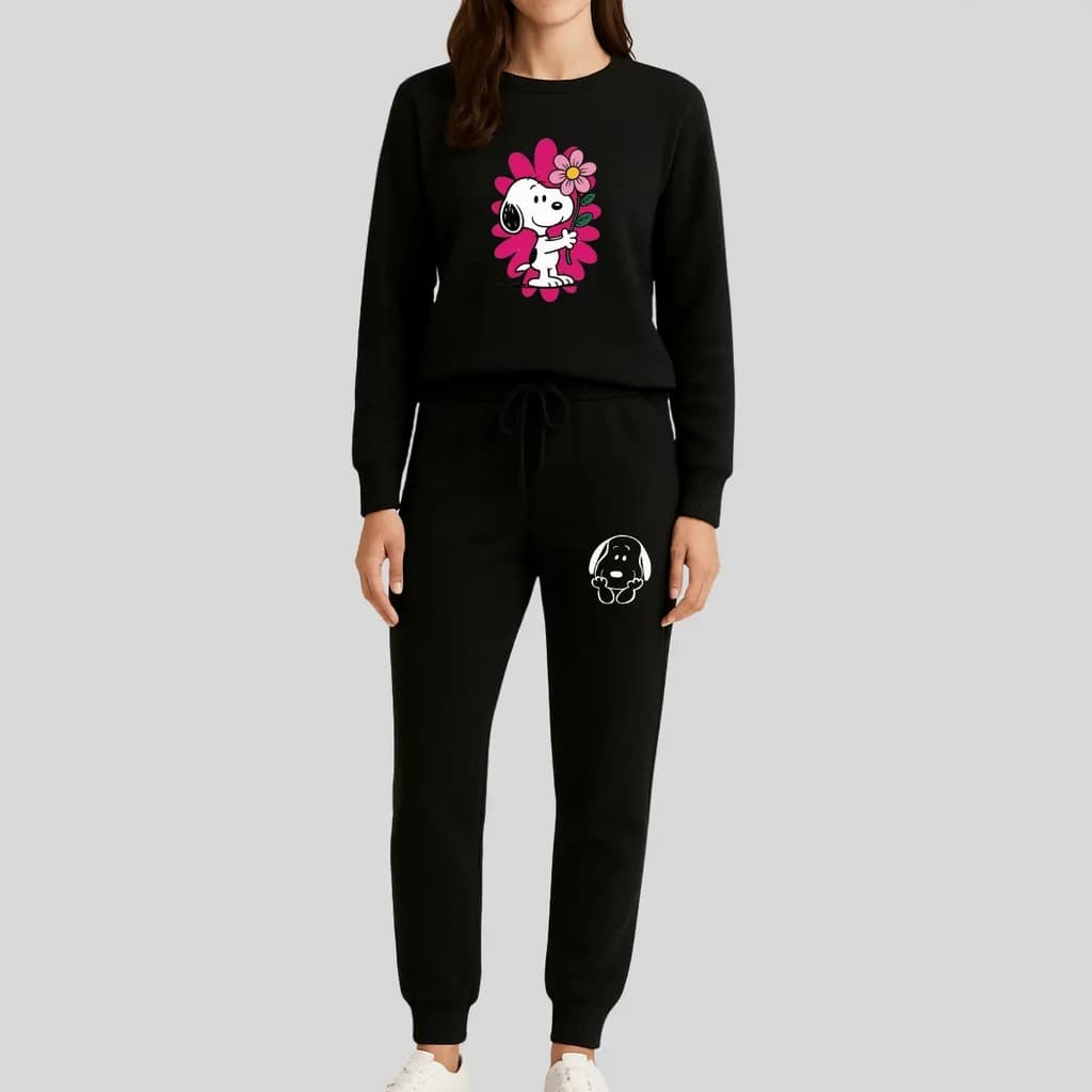 Conjunto Moletom Careca Feminino Snoopy E Flor Blusa De Frio + Calça Moletom Estampados Unissex Outono/Inverno