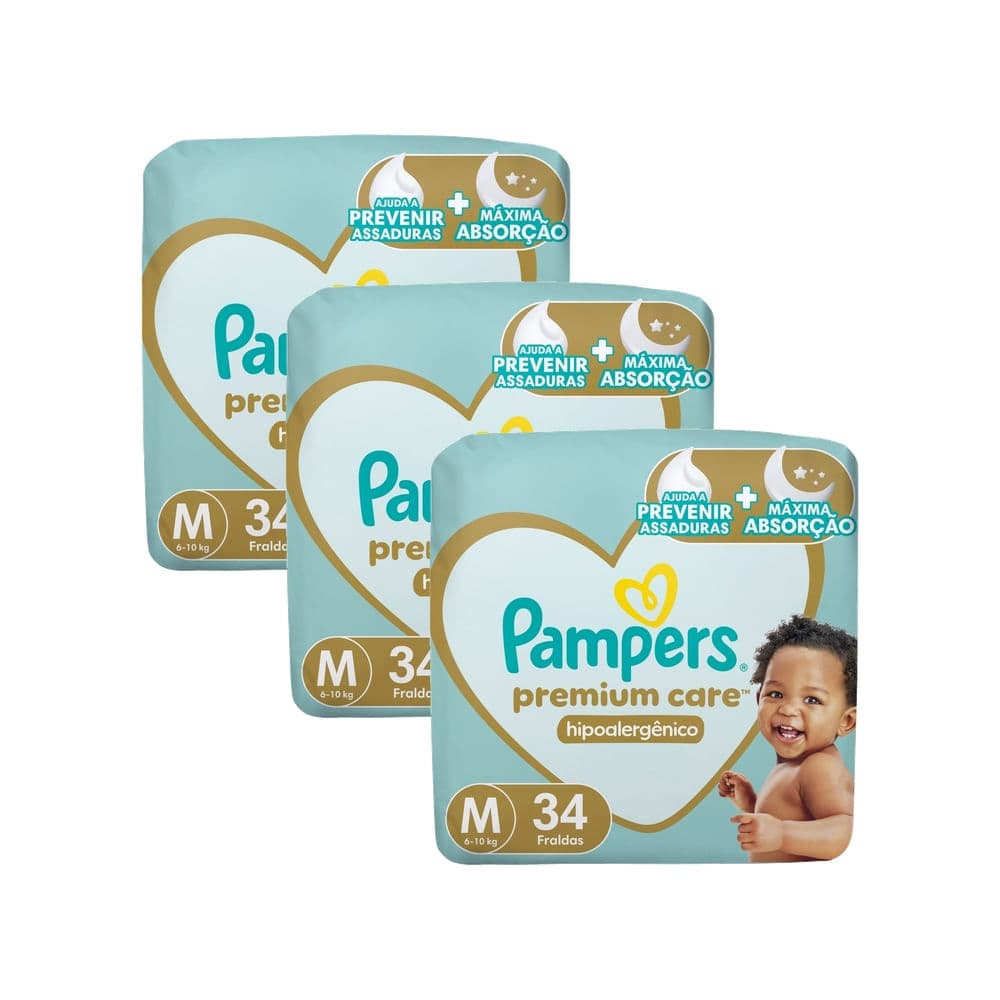 Kit 3 Fralda Pampers Premium Care Tamanho M Pacote Mega 34 Fraldas Descartáveis