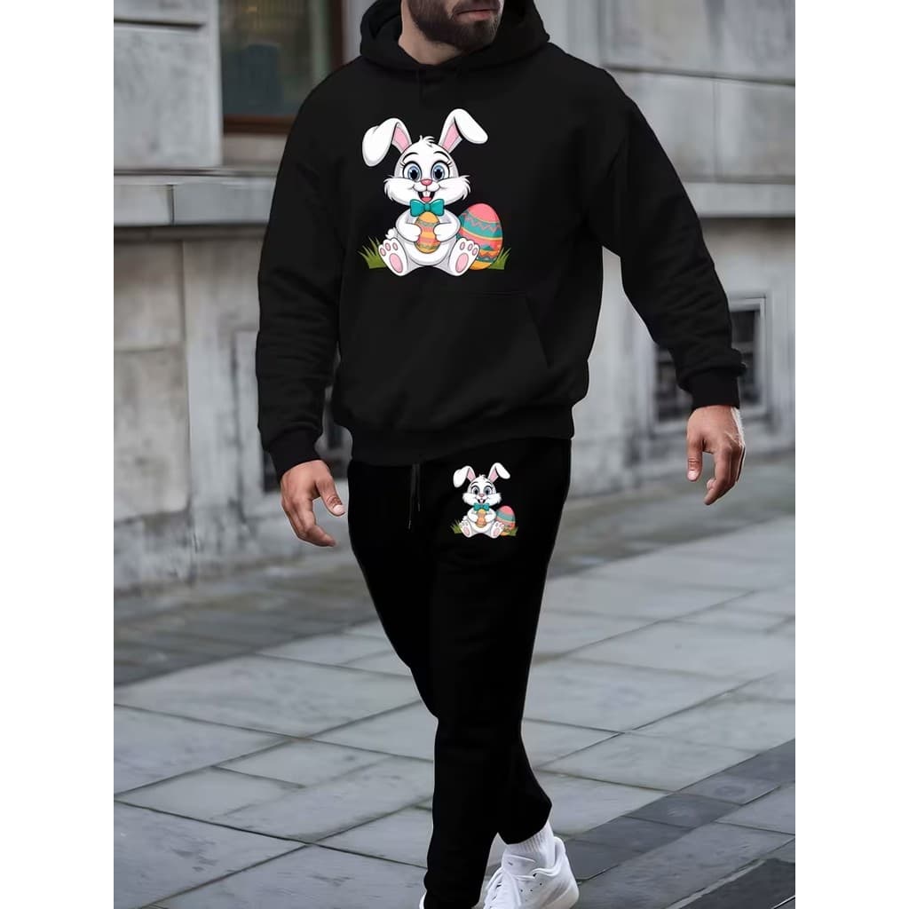 Conjunto Moletom Canguru Masculino Coelho páscoa  Blusa De Frio + Calça Moletom Estampados Unissex Outono/Inverno