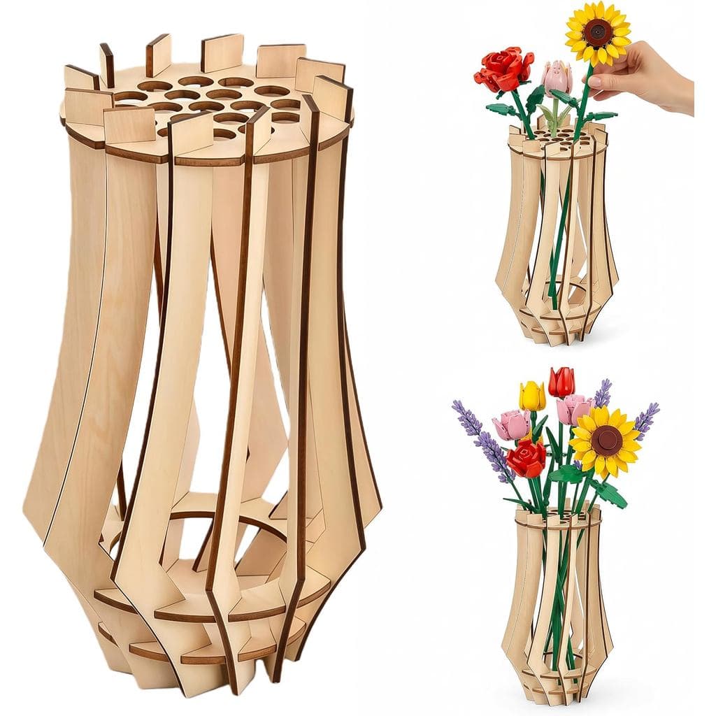 Conjunto de 2 Vasos de Madeira para Flores Lego, Vaso de Madeira para Montar Buquê de Rosas Lego, Suporte de Exibição pa
