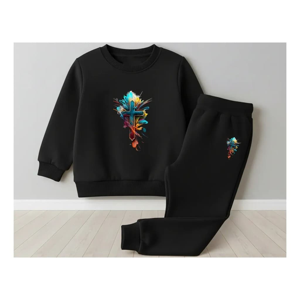 Conjunto Moletom Careca Masculino Cruz Colorida Blusa De Frio + Calça Moletom Estampados Unissex Outono/Inverno