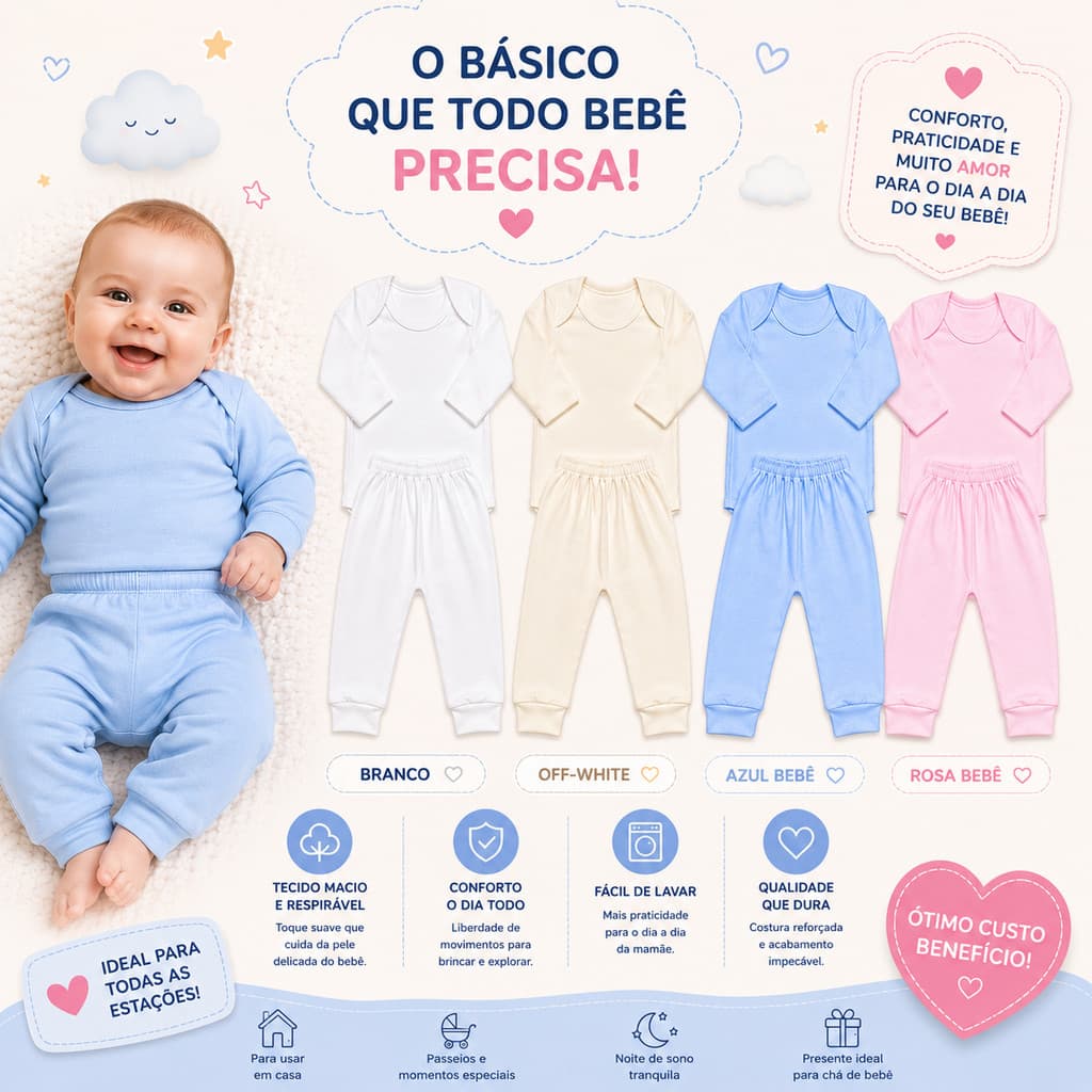 Conjunto Bebê Body e Calça Mijão Infantil 100% Algodão Kit Enxoval Menino Menina Macio RN ao G