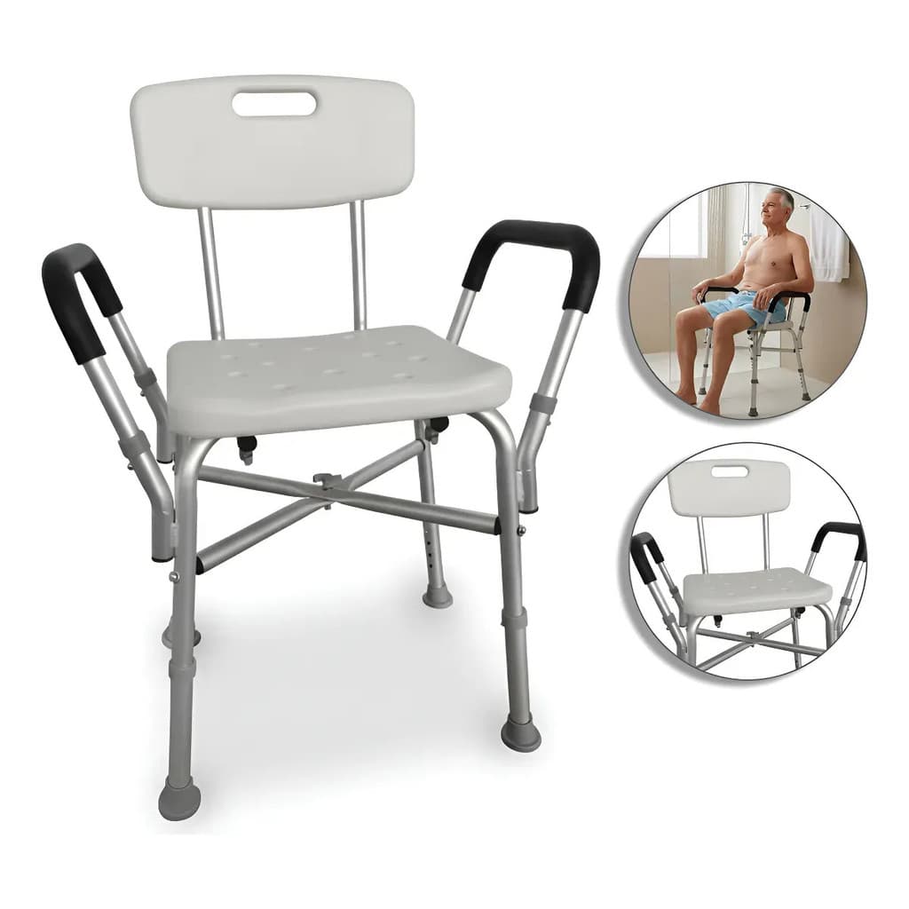 Cadeira De Banho com Encosto Regulável de Altura Banqueta Banco Para Idoso e Adulto até 130 KG SuperMedy Hidrolight