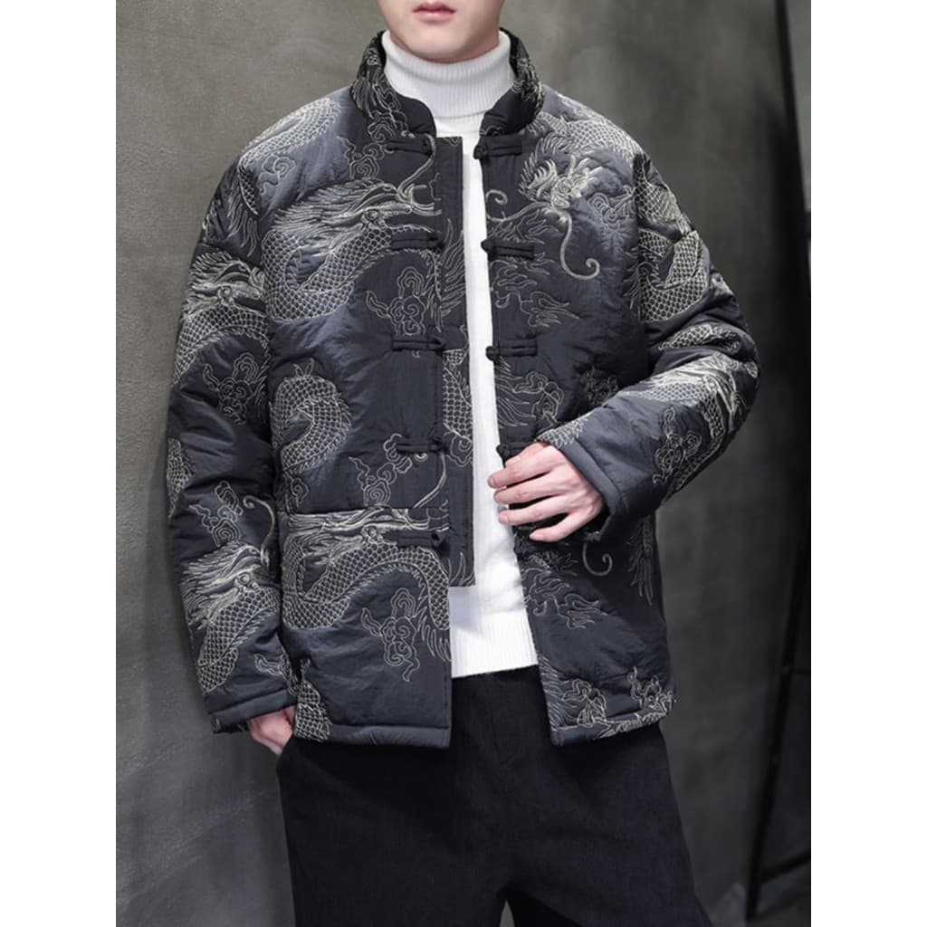 Jaqueta de inverno masculina jaqueta acolchoada espessada quente estilo chinês jaqueta acolchoada antiga bordada dragão 