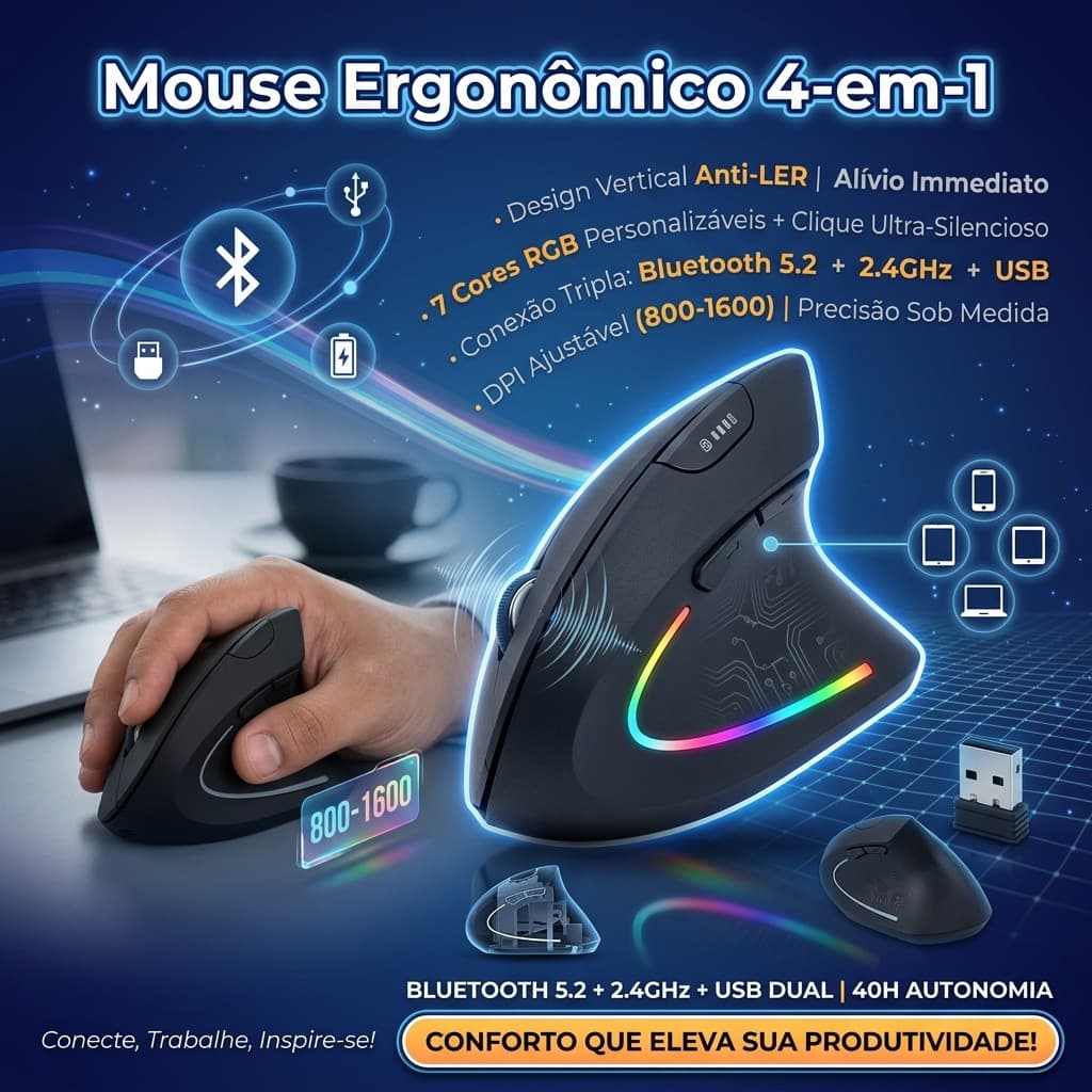 Mouse Sem Fio Vertical Ergonômico Triplo Modo (BT + USB): Sensor Óptico 1600 DPI, LED 7 Cores e Cliques Silenciosos