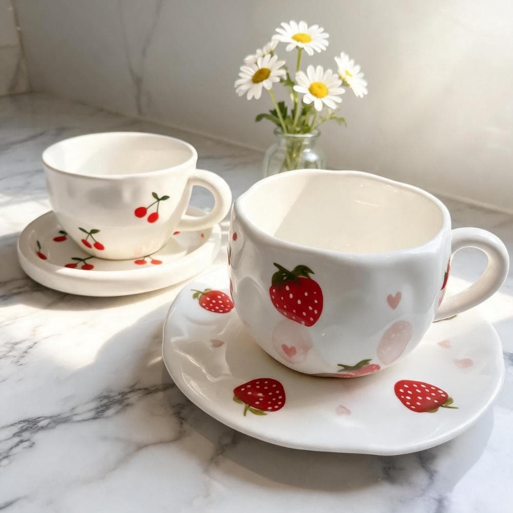 Xícara Com Pires Orgânica Porcelana Fofa Morango Cereja Mesa Posta Café Chá Cerâmica Artesanal