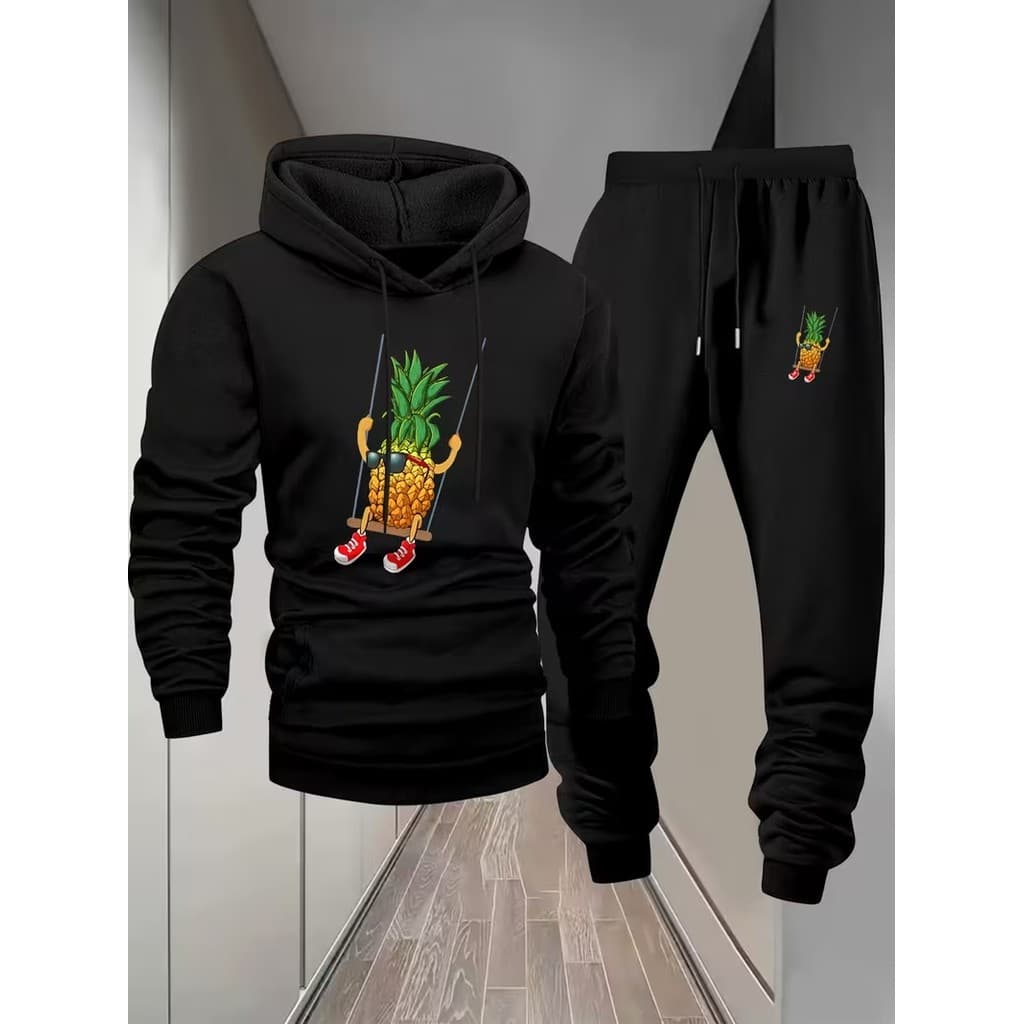 Conjunto Moletom Canguru Masculino Abacaxi Blusa De Frio + Calça Moletom Estampados Unissex Outono/Inverno