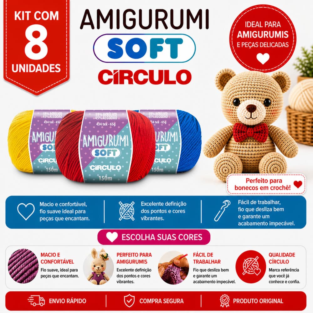 Kit 8 Linha Amigurumi Soft Círculo 150m Fio para Crochê e Amigurumi