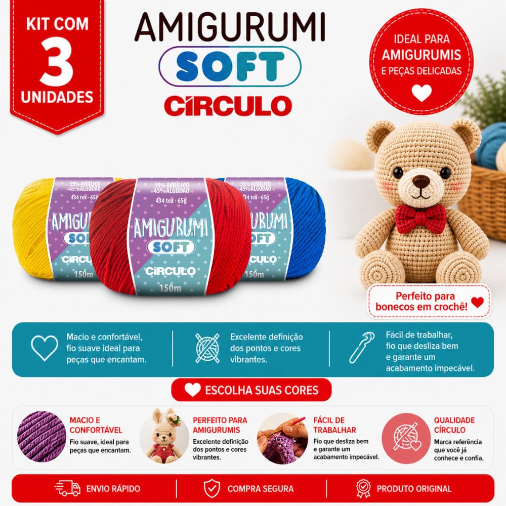 Kit 3 Linha Amigurumi Soft Círculo 150m Fio para Crochê e Amigurumi