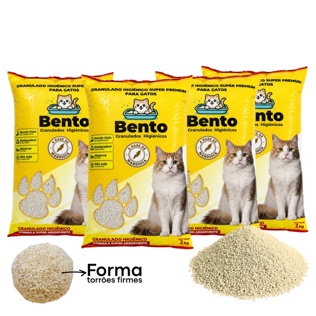 Kit 4 Areia Sanitária Higiênica Gatos Premium 100% Mandioca Natural Biodegradável Premium Bento 2Kg