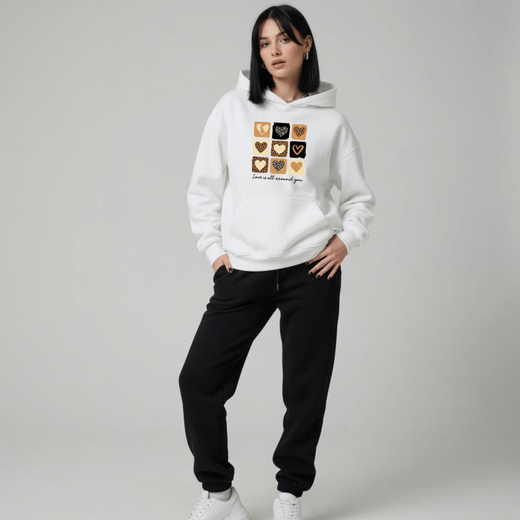 Conjunto Feminino de Moletom Canguru Calça Kit Estampada 9 Corações 100% Algodão Blusa De Frio Capuz Cadarço Bolso
