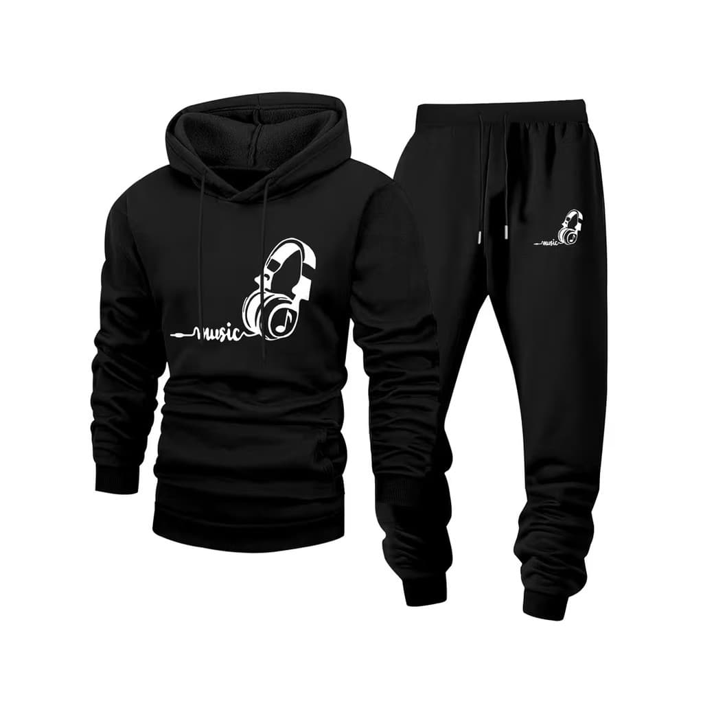 Conjunto Moletom Canguru Masculino Fones de ouvido Blusa De Frio + Calça Moletom Estampados Unissex Outono/Inverno