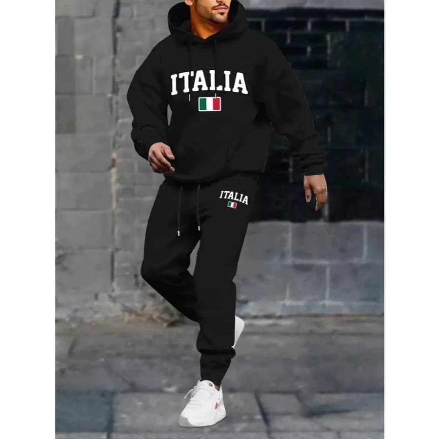 Conjunto Moletom Canguru Masculino Italia Blusa De Frio + Calça Moletom Estampados Unissex Outono/Inverno