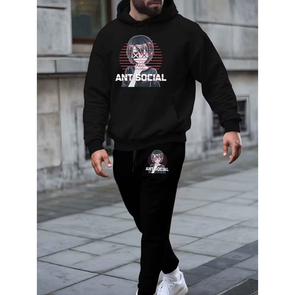 Conjunto Moletom Canguru Masculino Antissocial Blusa De Frio + Calça Moletom Estampados Unissex Outono/Inverno