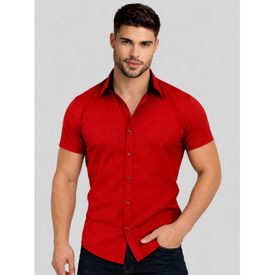Camisa Social Masculina Vermelha Slim Fit Manga Curta Premium Confortável