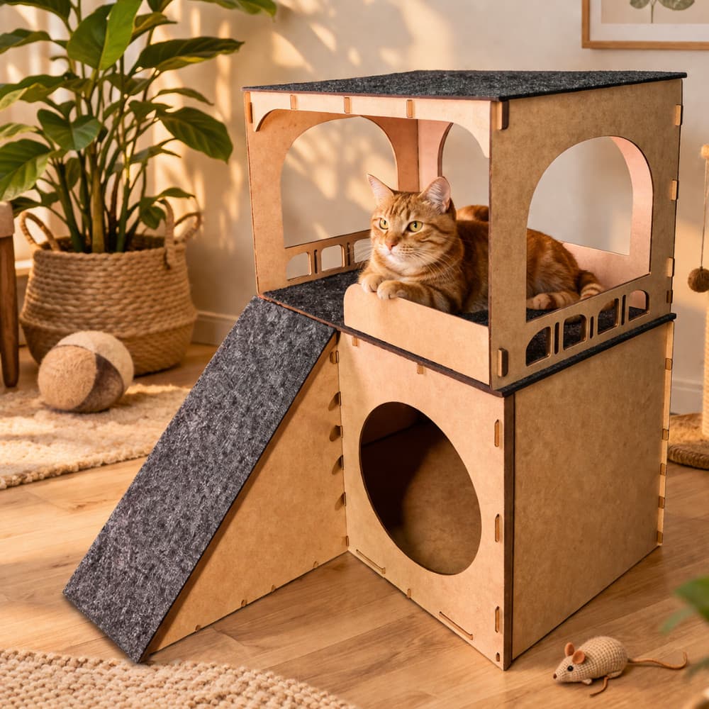 Casinha Pet para Gato em MDF 2 Andares com Carpete Arranhador – Resistente e Moderna