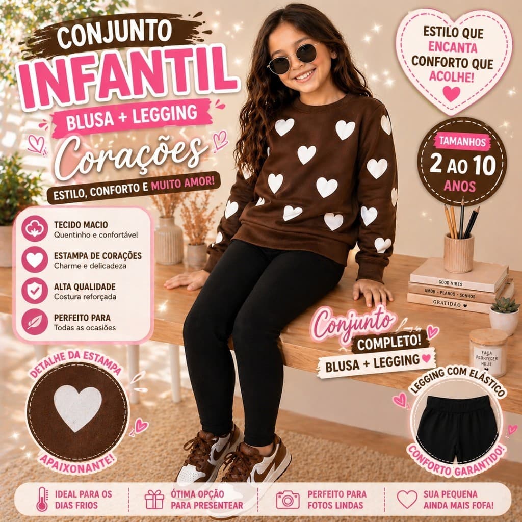 Conjunto Blusa de Frio Legging Infantil Moletom Corações Manga Longa Confortável Inverno Outono Moda Bloguerinha