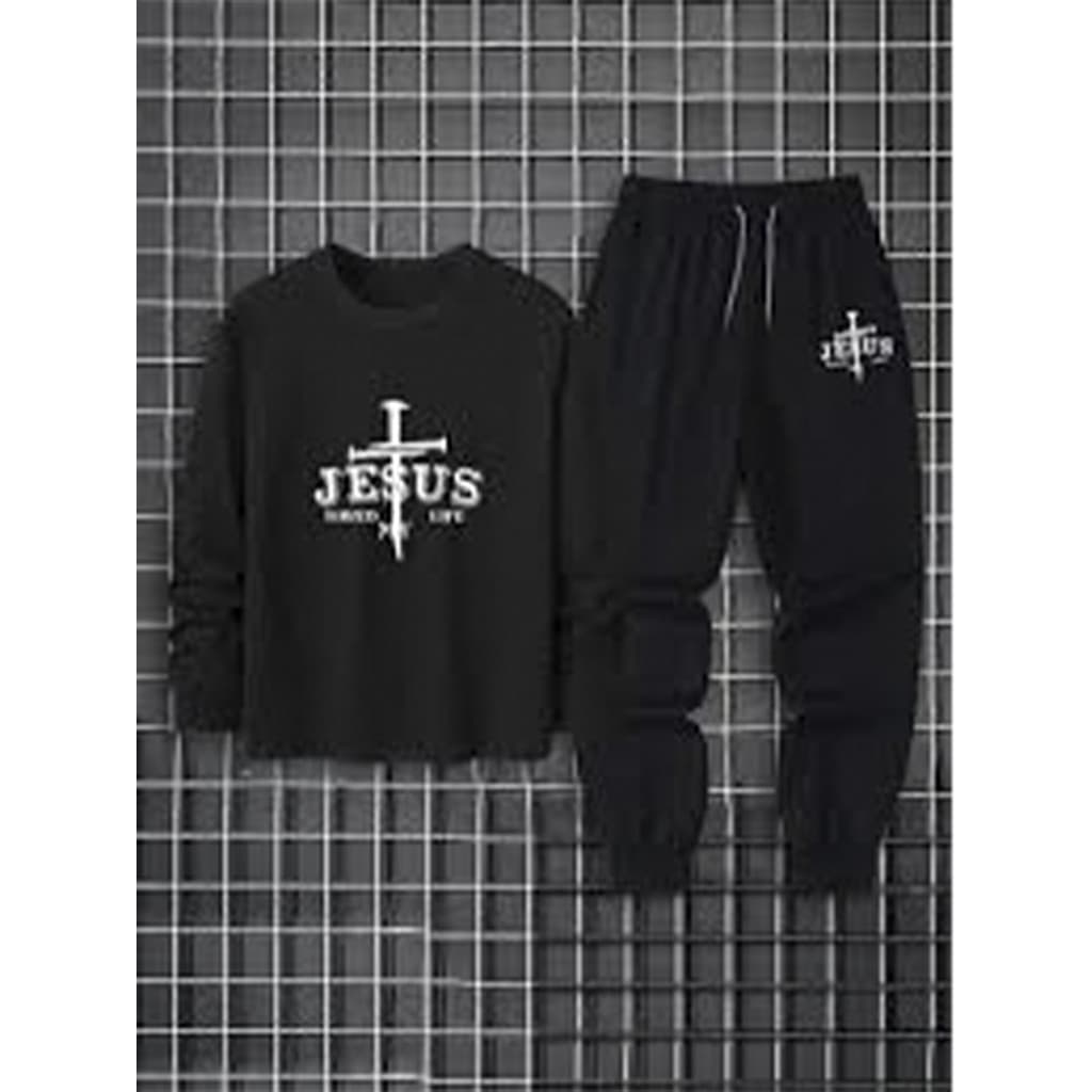 Conjunto Moletom Canguru  Masculino Jesus Cruz Blusa De Frio + Calça Moletom Estampados Unissex Outono/Inverno