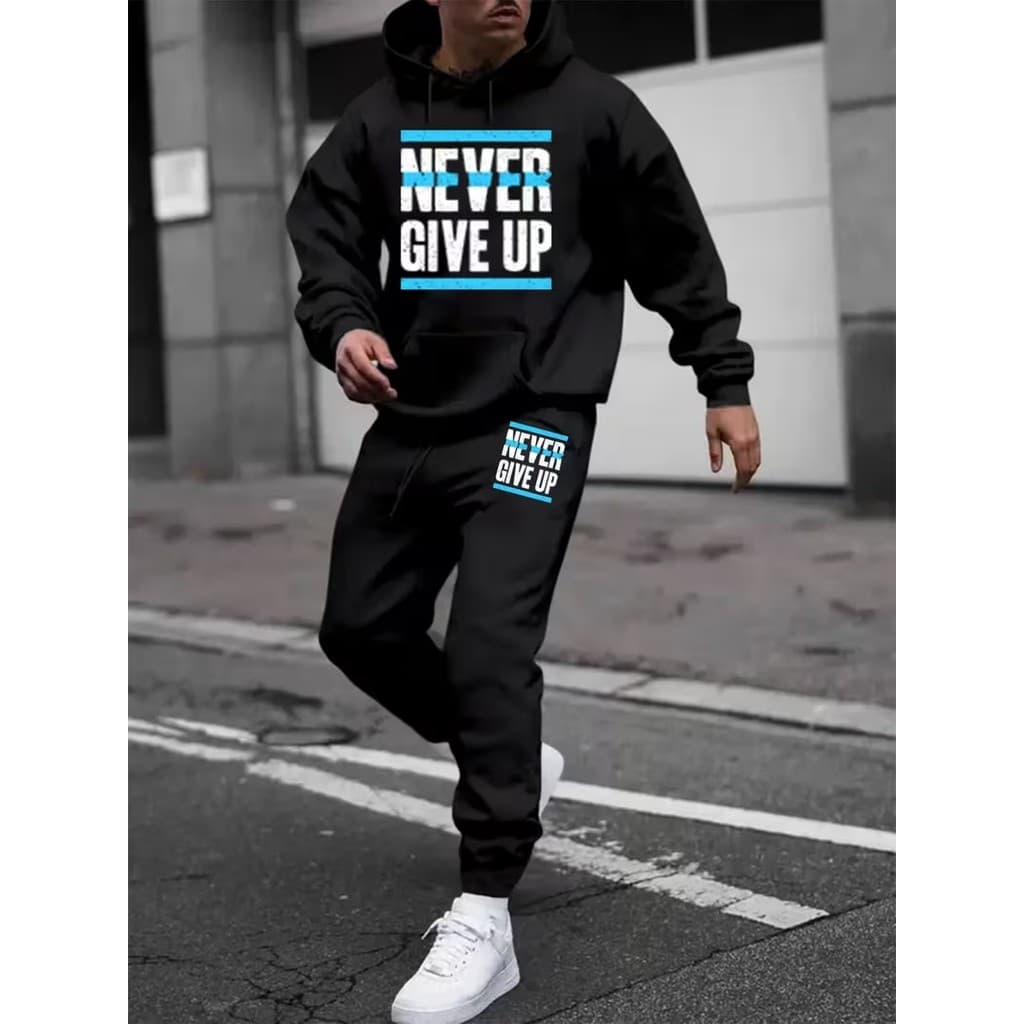 Conjunto Moletom Canguru Masculino Never Give Up Blusa De Frio + Calça Moletom Estampados Unissex Outono/Inverno