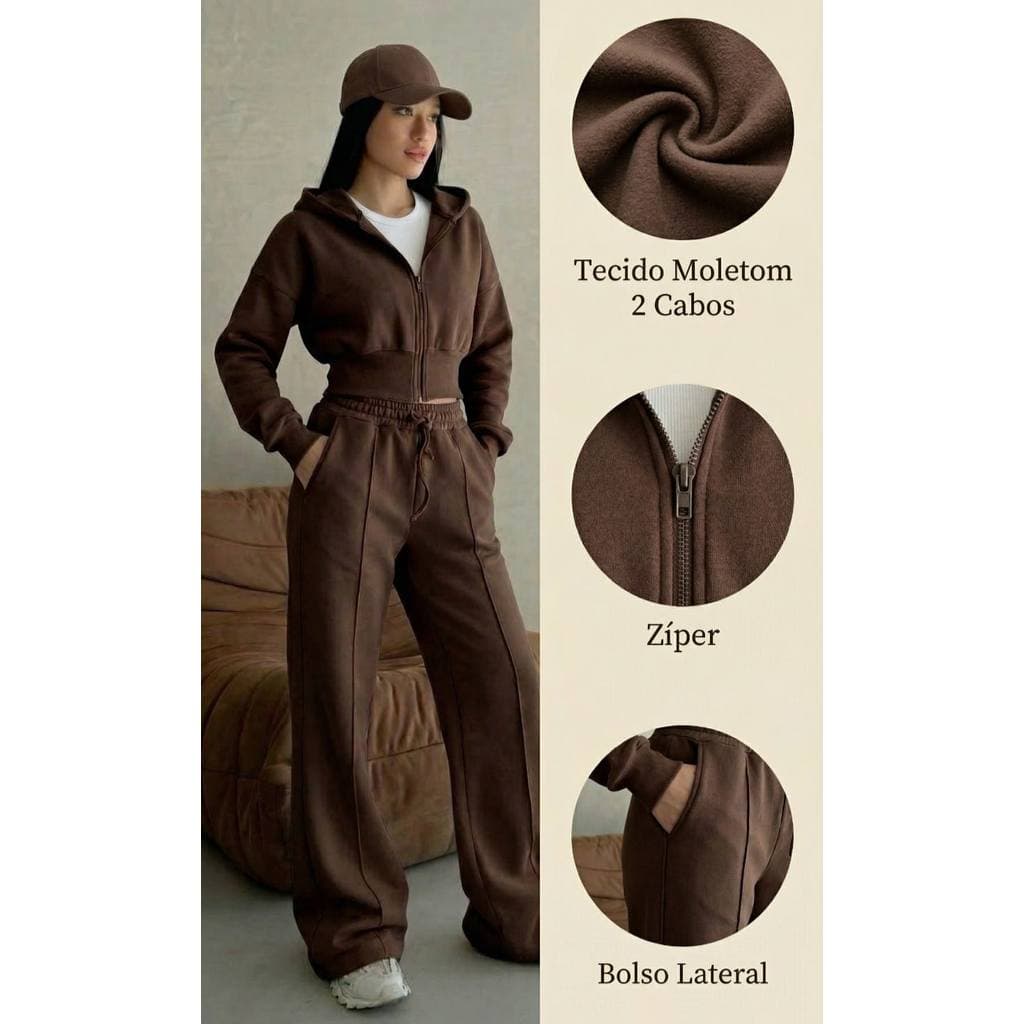 Conjunto Moletom Feminino Calça Calça longo  com capuz e zíper moda inverno top P-M-G