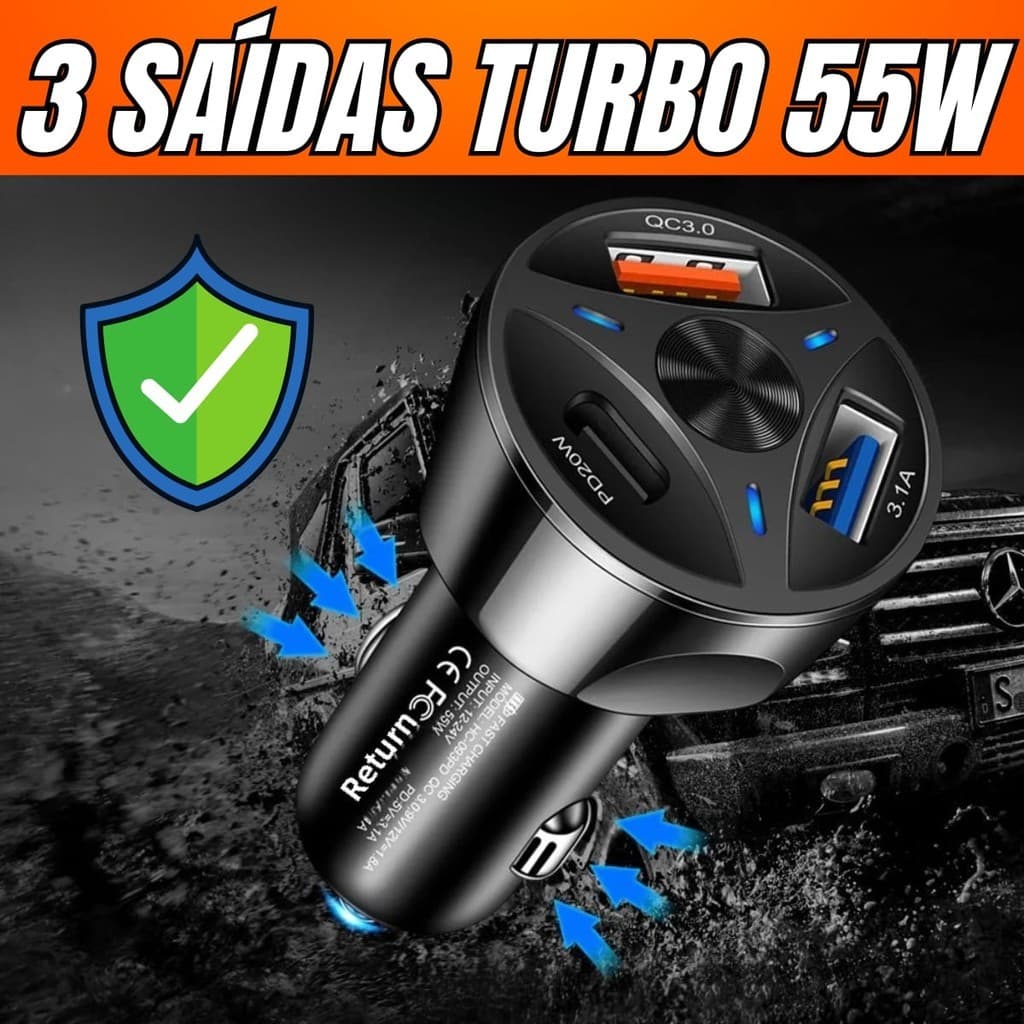 carregador Veicular QC 3.0 para carro 3 saídas 55w PD Usb 12V/24v Universal