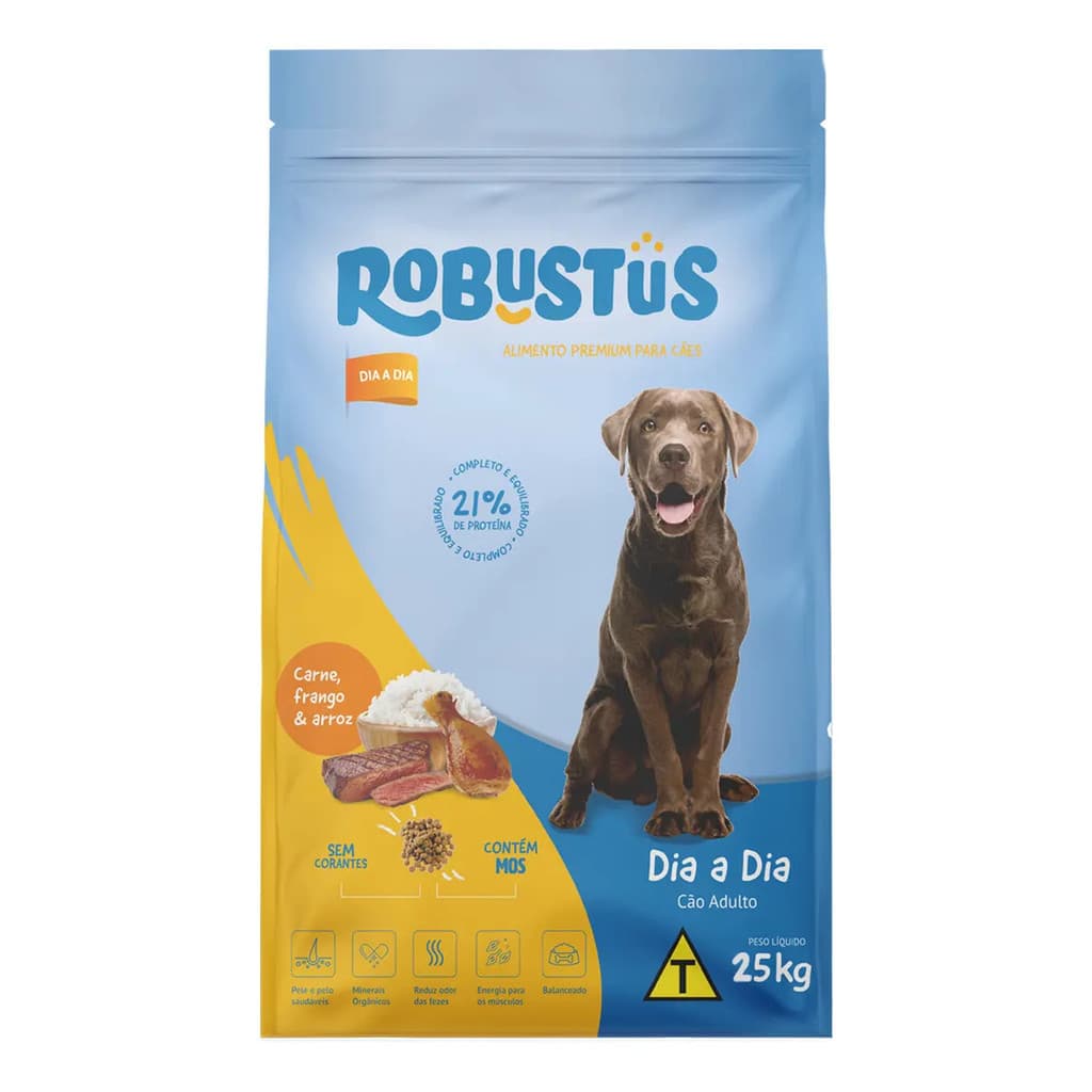 Ração Para Cães Premium Robustus Cachorro Adultos 25Kg Sabor Arroz Carne Frango