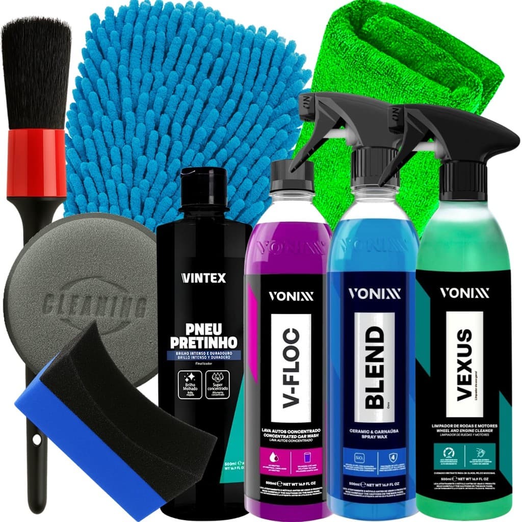 Kit Produtos Vonixx Limpeza Carro Moto Cera Blend Vexus Shampoo V-Floc Pneu Pretinho Luva Pincel Aplicador Toalha