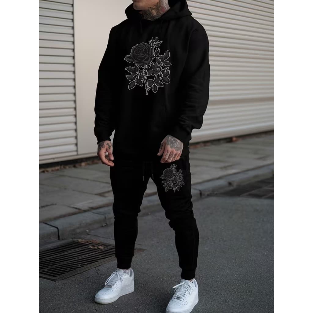 Conjunto Moletom Masculino A rosa Blusa De Frio Canguru Bolso e Capuz + Calça Moletom Estampados Unissex Outono/Inverno