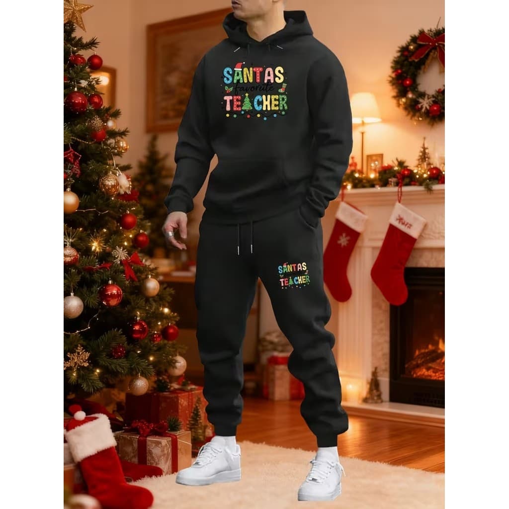Conjunto Moletom Canguru Masculino Santas Teacher Blusa De Frio + Calça Moletom Estampados Unissex Outono/Inverno