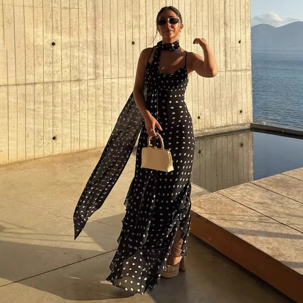 vestido feminino Roupas femininas encantadoras: vestido feminino de bolinhas no estilo europeu e americano, com detalhes