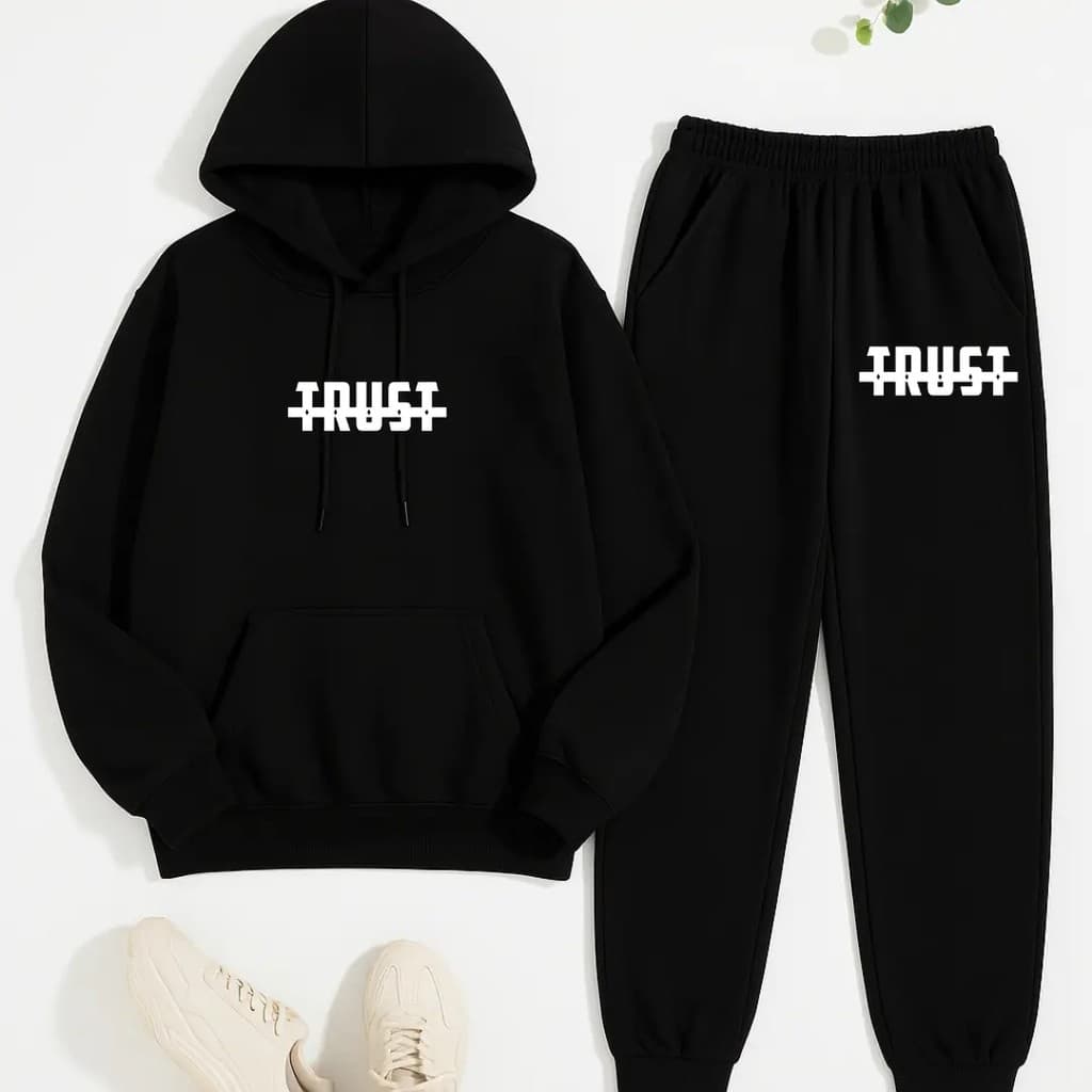Conjunto Moletom Masculino Trust Blusa De Frio Canguru Bolso e Capuz + Calça Moletom Estampados Unissex Outono/Inverno
