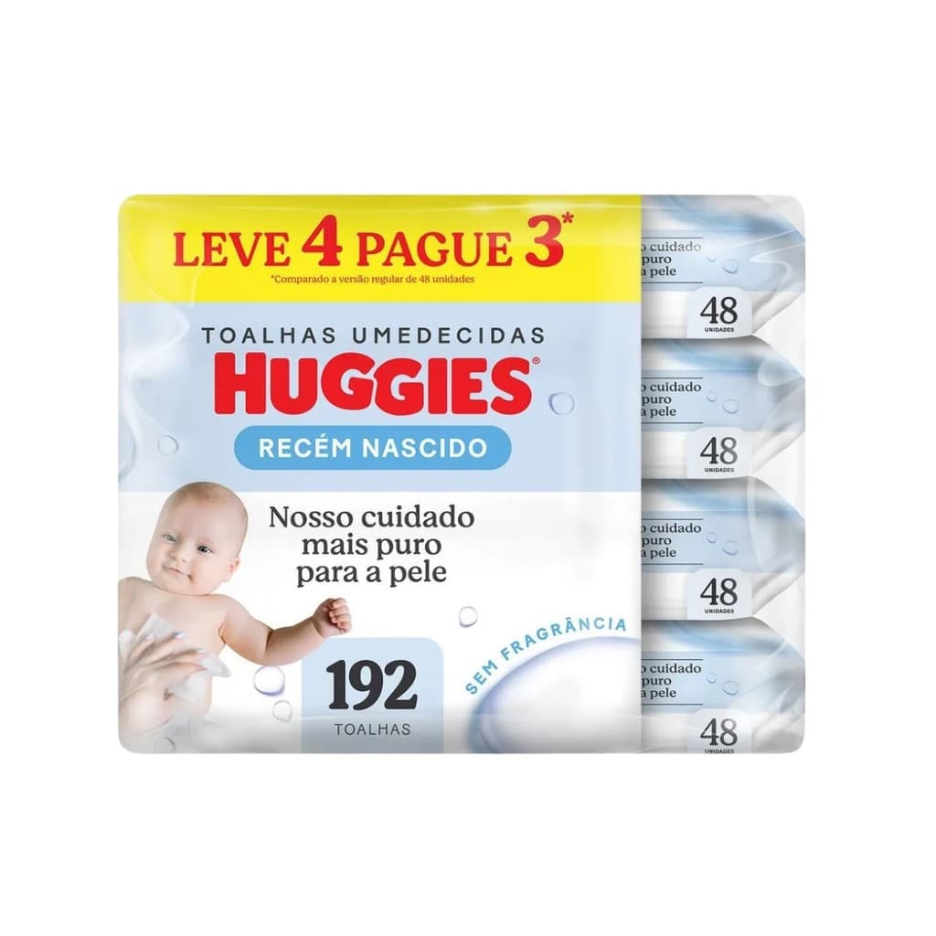 Kit Lenço Umedecido Huggies Recém Nascido 4 pacotes - 48 unidades