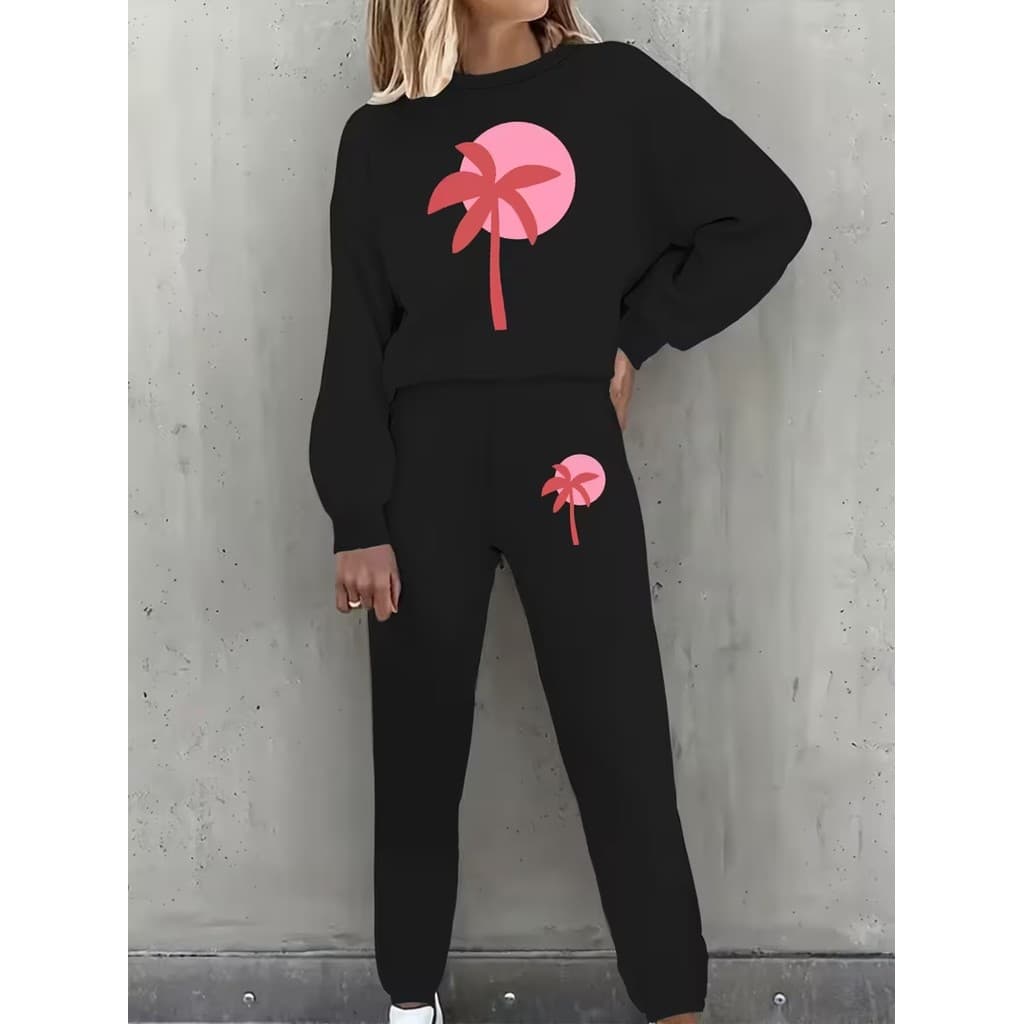 Conjunto Moletom Careca Feminino Coqueiro Rosa Blusa De Frio + Calça Moletom Estampados Unissex Outono/Inverno