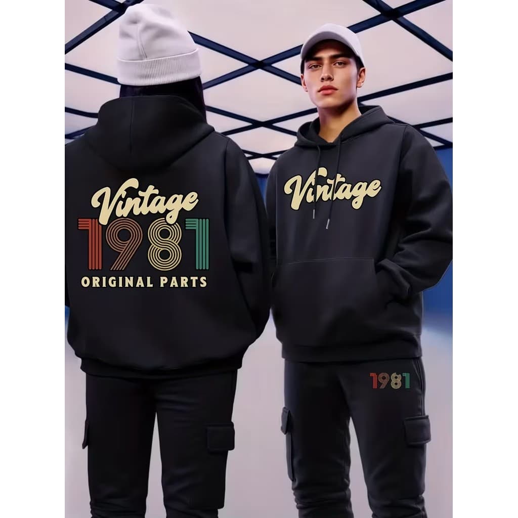 Conjunto Moletom Canguru Masculino Vintage 1981 Blusa De Frio + Calça Moletom Estampados Unissex Outono/Inverno