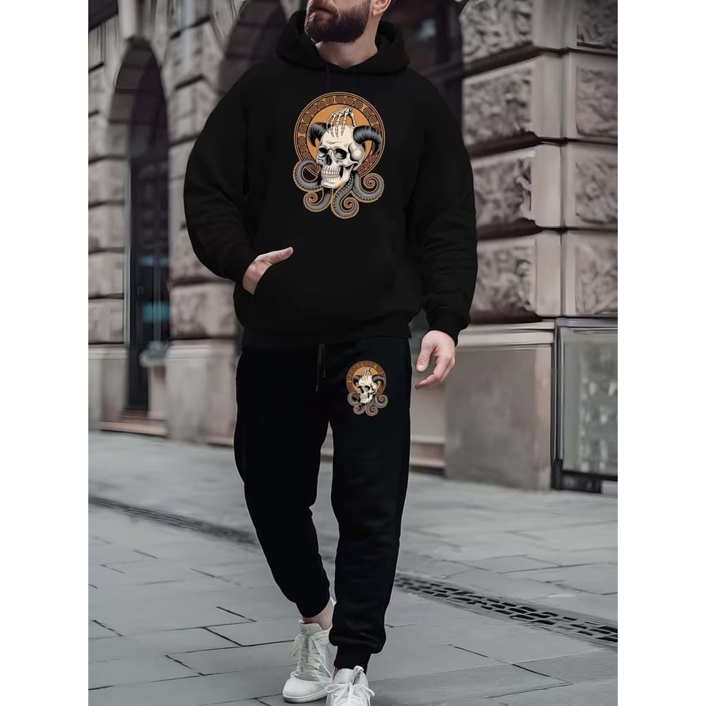 Conjunto Moletom Canguru Masculino Caveira Com Chifre Blusa De Frio + Calça Moletom Estampados Unissex Outono/Inverno