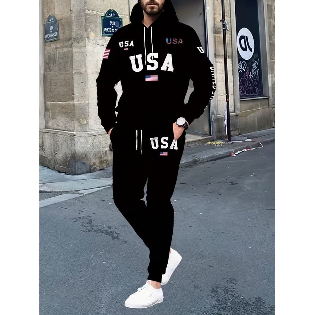 Conjunto Moletom Canguru Masculino Estados Unidos Blusa De Frio + Calça Moletom Estampados Unissex Outono/Inverno