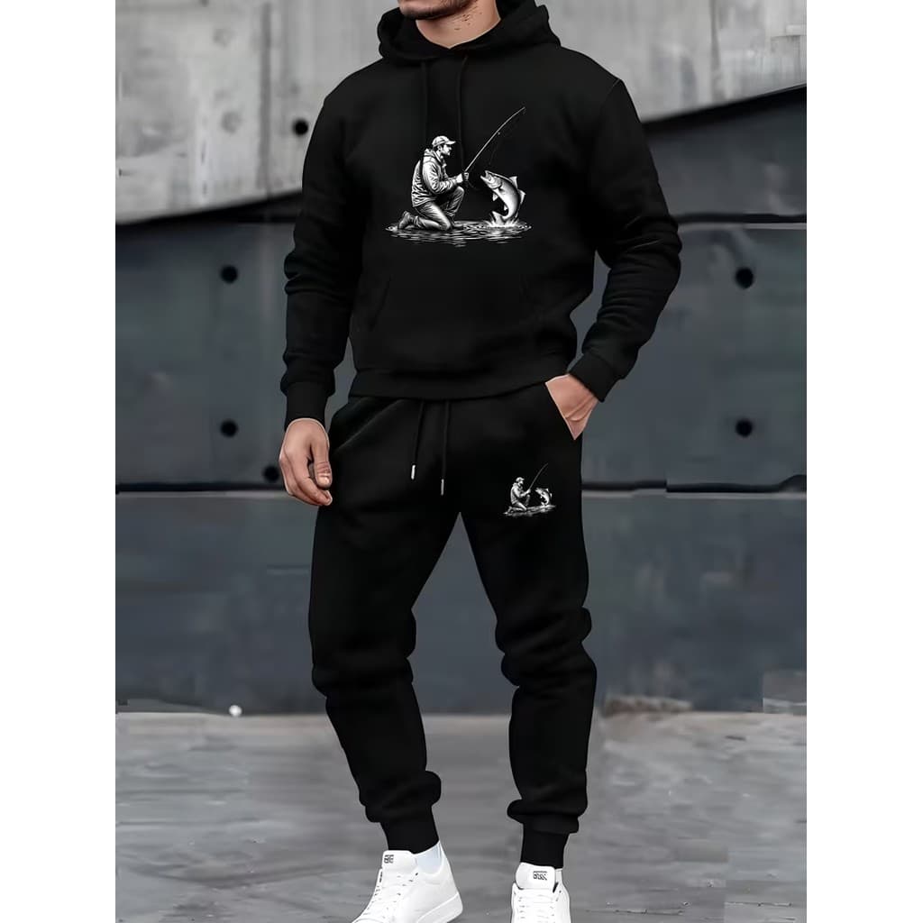 Conjunto Moletom Canguru Masculino Pesca Amigavel Blusa De Frio + Calça Moletom Estampados Unissex Outono/Inverno