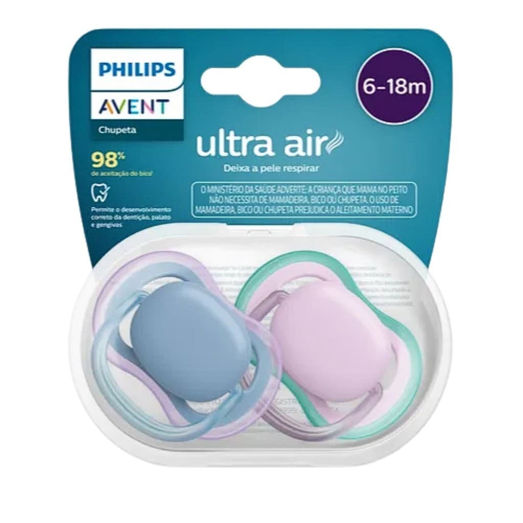 Chupeta Ultra Air Dupla 6 a 18 Meses Lisa Azul e Rosa Philips Avent (SCF085/34)