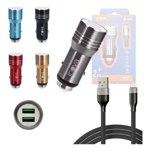 Carregador Veicular 02 Portas Usb Cabo Lightning Gl01a