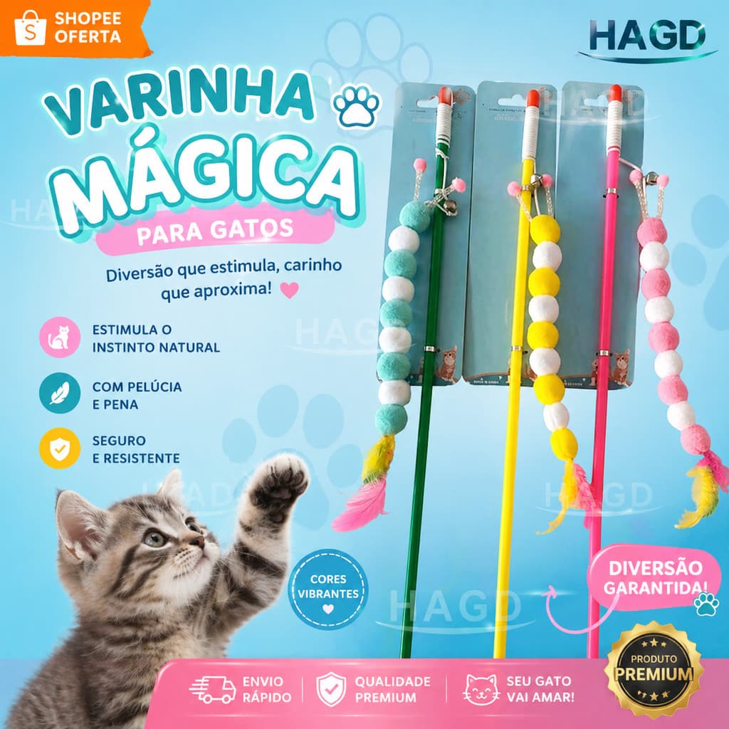 Brinquedo Varinha Gato Lagarta Gigante com Penas e Guizo - Vara de Pesca Pet Interativa para Estimular Caça e Salto