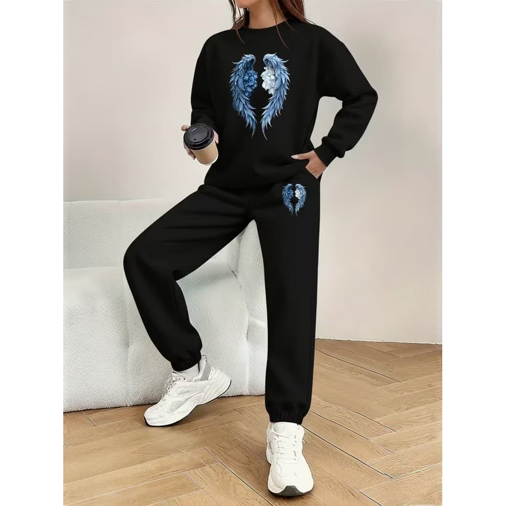 Conjunto Moletom Careca Feminino Asa Azul Blusa De Frio + Calça Moletom Estampados Unissex Outono/Inverno