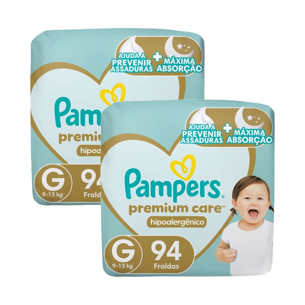 Kit 2 Fralda Pampers Premium Care Hipoalergênico G 94 Unidades