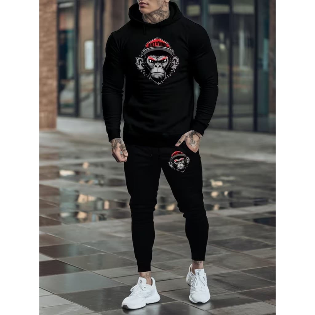 Conjunto Moletom Canguru  Masculino Macaco Blusa De Frio + Calça Moletom Estampados Unissex Outono/Inverno