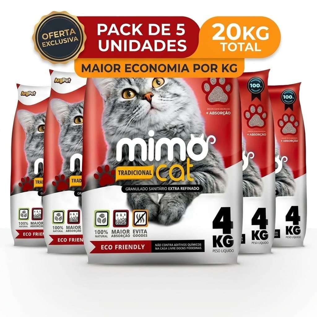 Kit 20 Kg Areia Higiênica Sanitária para Gatos Mimocat Trad 5x4kg - Alta Absorção Controle de Odores