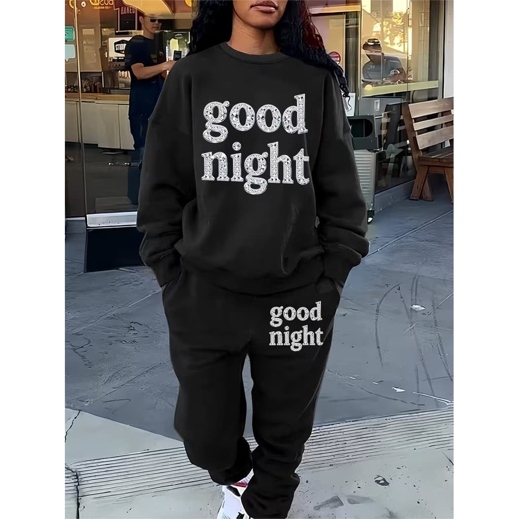 Conjunto Moletom Careca Feminino Good Night Blusa De Frio + Calça Moletom Estampados Unissex Outono/Inverno