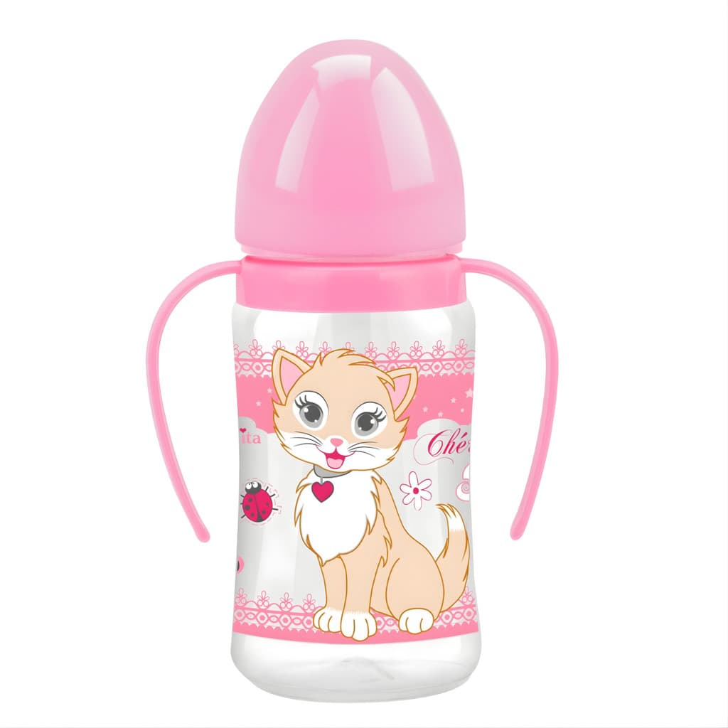 Mamadeira 270ml com Alça Bico Silicone Bebê Rosa Gatinha